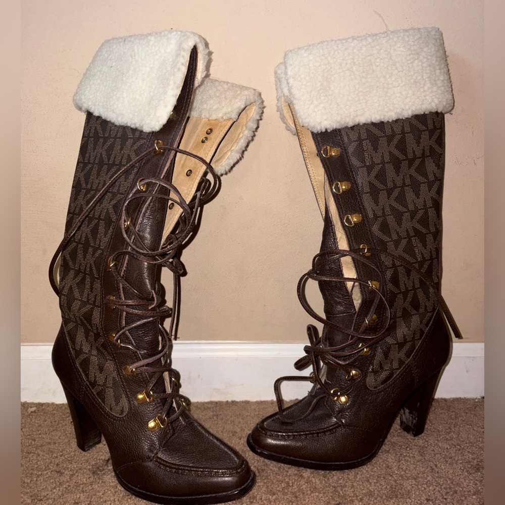 Michael Kors Warrior Boots with White Cuffs & Signature MK Monogram in MK Box 🚩